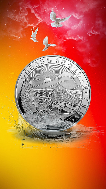 Noahs ark, orange, art, round, silver, armenian-language, birds, doves, splash, water HD phone wallpaper