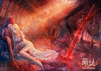 Law Chaos, blond hair, blonde, 3d, cg, couple, sinister, short hair, blonde hair, female, handsome, sexy, sword, house, hot, girl, ed hair, anime girl, anime, fantasy, light, serious, stair, realistic, lover, cute, red eyes, dress, long hair, , sparks, male, blond, evil, boy, love, building, redhead, gown HD wallpaper