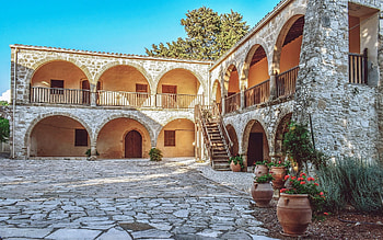 Monastery Courtyard in Cyprus, monastery, Cyprus, courtyard, galleries HD wallpaper