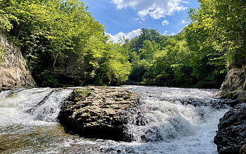 Willow Falls, Wisconsin, river, clouds, trees, sky, water, rocks, usa HD wallpaper