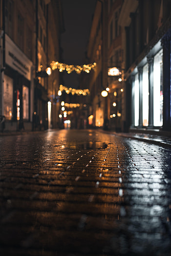 Night, Dark, Wet, Street, Puddle, Paving Stones, Sett HD phone wallpaper