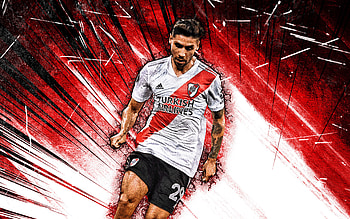 Gonzalo Montiel, grunge art, River Plate FC, argentine footballers, soccer, Argentine Superliga, Gonzalo Ariel Montiel, football, red abstract rays, AAAJ, Gonzalo Montiel HD wallpaper