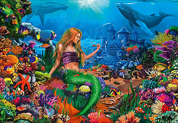 Mermaid's World, castle, artwork, digital, underwater, fish, whales, corals HD wallpaper