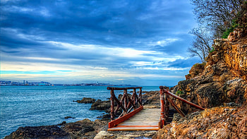 Spanish Coast At La Coruna, sea, landscape, clouds, bridge, sky, atlantic, rocks HD wallpaper