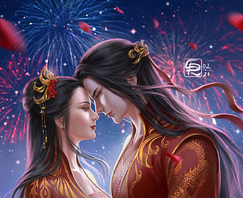 Lovers, night, fireworks, man, girl, dark, crystalrain, fantasy, crystal rain, red, couple HD wallpaper
