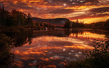 Sunrise in Groton, Vermont, mountains, reflections, lake, clouds, trees, sky HD wallpaper