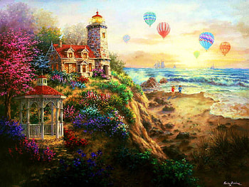 At the Sea, lighthouse, waves, balloons, gazebo, water, sun, beach HD wallpaper