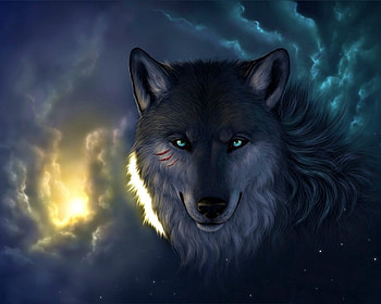 Fantasy wolf, night, blue, animal, moon, fantasy, art, luminos, wolf HD wallpaper