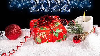 Happy New Year, apple, bulb, candle, parcel, 2022 HD wallpaper