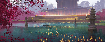 :-), blue, art, pink, fantasy, wang zheng, yellow, autumn, leaf, lantern, luminos, water HD wallpaper