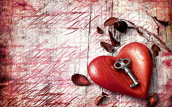 * With Love *, leaves, heart, key, red HD wallpaper