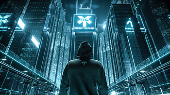 Hood Boy Skyscraper Neon Lights , hoodie, skyscraper, artist, artwork, digital-art HD wallpaper