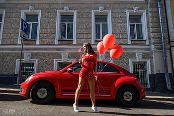Girl and the car, baloon, Girl, car, red HD wallpaper