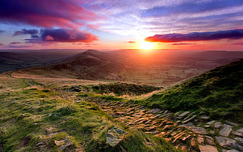 SUNSET, pathway, valley, field, slope, clouds, mountains HD wallpaper