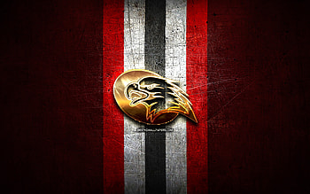 Orli Znojmo, golden logo, ICE Hockey League, red metal background, austrian hockey team, Orli Znojmo logo, hockey HD wallpaper