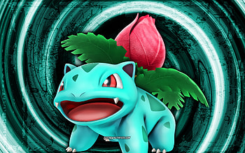 Ivysaur, turquoise grunge background, Pokemon Detective Pikachu, cartoon dinosaur, vortex, Ivysaur HD wallpaper