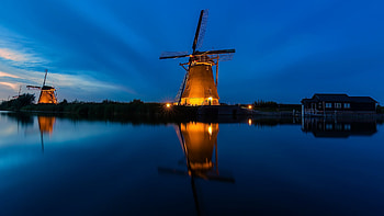 Windmills in Kinderdijk Netherlands, night, Netherlands, Kinderdijk, windmills HD wallpaper