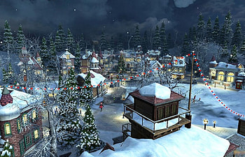 Christmas in Town, artwork, firs, lights, snow, trees, houses, ice HD wallpaper
