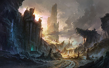 Landscape, Fantasy, City, Rocks, Waterfall, Destruction HD wallpaper