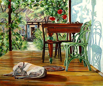 Горбачёва Ольга. Терраса., dog, table, painting, art, flower HD wallpaper