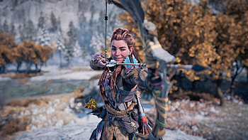 Hunting with a smile, Horizon Forbidden West, Aloy (Horizon Series), video game, PlayStation 5, ingame screenshot HD wallpaper