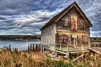 Old Fishing House, fish house, shore, brush, clouds, deck, lake HD wallpaper