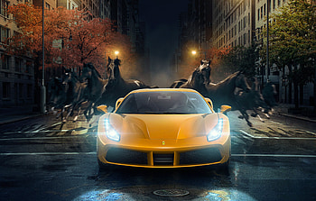 Yellow Ferrari 488 GTB Horses Behind, ferrari-488, ferrari, cars, artist, behance HD wallpaper