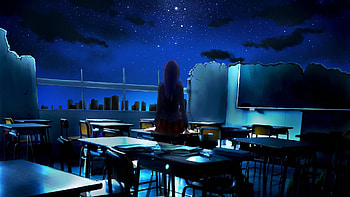 Open, classroom, anime girl, night, original HD wallpaper