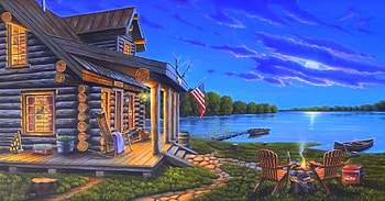 Lakeside Getaway, attractions, attractions in dreams, paintings, houses, summer, love four seasons, lakes, cottages, cabins, getaways, nature, sky, moons HD wallpaper