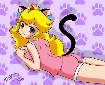 Princess Peach Kitty, peach, kitty, foot prints, mario, cat, tail, pink, video games, ears HD wallpaper