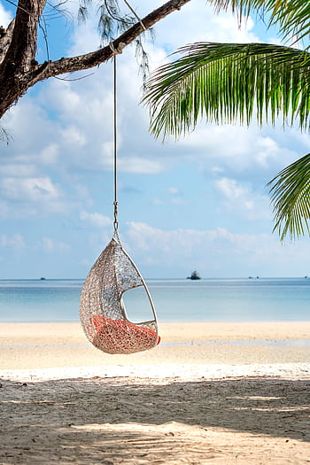 A peaceful scene with a hanging swing chair on a tropical beach, perfect for relaxation. HD phone wallpaper