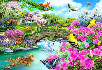 Crossing the Footbridge, butterflies, river, digital, birds, art, blossoms, stonebridge, flowers, cottage HD wallpaper