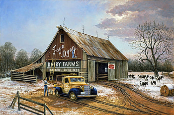 The Barn Painters, winter, artwork, painting, car, snow, clouds, sky, vintage HD wallpaper