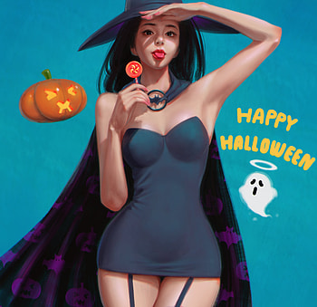 Witch, art, fantasy, girl, hat, lollipop, blue, candy, halloween, lightbox HD wallpaper