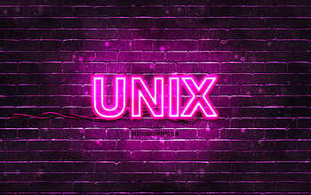 Unix purple logo, , purple brickwall, Unix logo, operating systems, Unix neon logo, Unix HD wallpaper