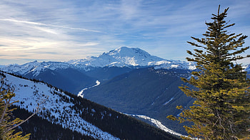 Mt. Rainier, Washington, river, snow, landscape, trees, clouds, sky, usa HD wallpaper