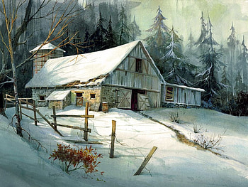 Ageless Beauty, winter, artwork, barn, painting, snow, fence HD wallpaper