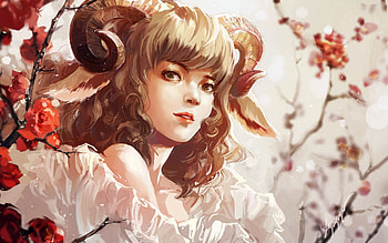 Zodiac ~ Aries, horns, zodiac, fantasy, fawn, red, girl, aries HD wallpaper