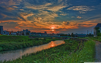 Oto River, river, city, japan, sky, nature, oto HD wallpaper