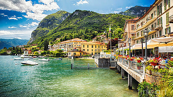 Lake Front Terrace of a Restaurant, Menaggio, Lake Como, boats, clouds, sky, italy, houses, mountains HD wallpaper