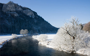 Nature, Rivers, Trees, Mountains, Snow, Rocks, Turn, Frost, Hoarfrost HD wallpaper