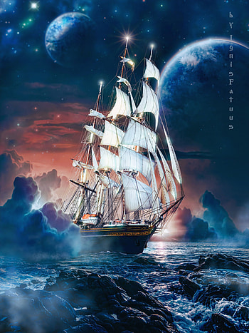 Stones, Art, Sea, Waves, Moon, Ship HD phone wallpaper