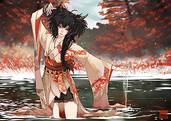 Water Demoness, brown eyes, kimono, horns, black hair, long hair, anime girl, leaves, reeds, anime, clouds, trees, sky, water HD wallpaper