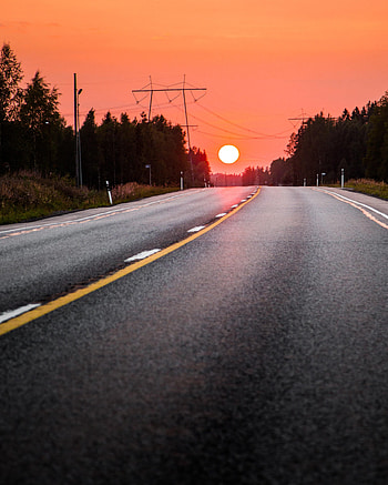 Nature, Trees, Sunset, Sun, Road HD phone wallpaper