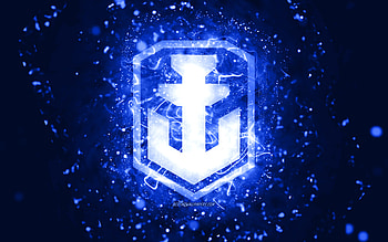 World of Warships dark blue logo, , dark blue neon lights, WoWS, dark blue abstract background, World of Warships logo, online games, WoWS logo, World of Warships HD wallpaper