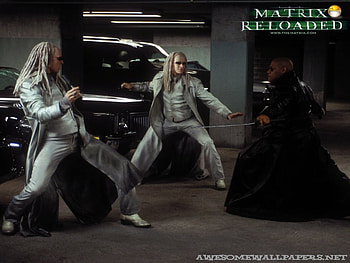 matrix reloaded, car park, morphius, sword, cars, albinos HD wallpaper
