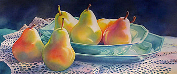 Simply Pears, blue, table, doily, soft, serving dish, delicious, colours, pears, bowl HD wallpaper