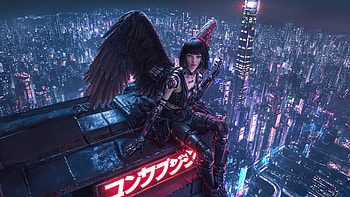 Cyberpunk Girl Dark Wings High Tech Cityscape, cyberpunk, cityscape, wings, artwork, art, digital-art, ai, artist HD wallpaper
