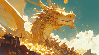 Golden Dragon's Treasure - Fantasy, fantasy, dragon, treasure, illustration, mythical creature HD wallpaper