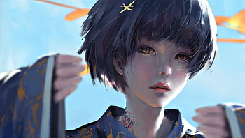 Geisha, blue, kimono, art, girl, ghostblade, woman, anime, fantasy, wlop, game, luminos HD wallpaper